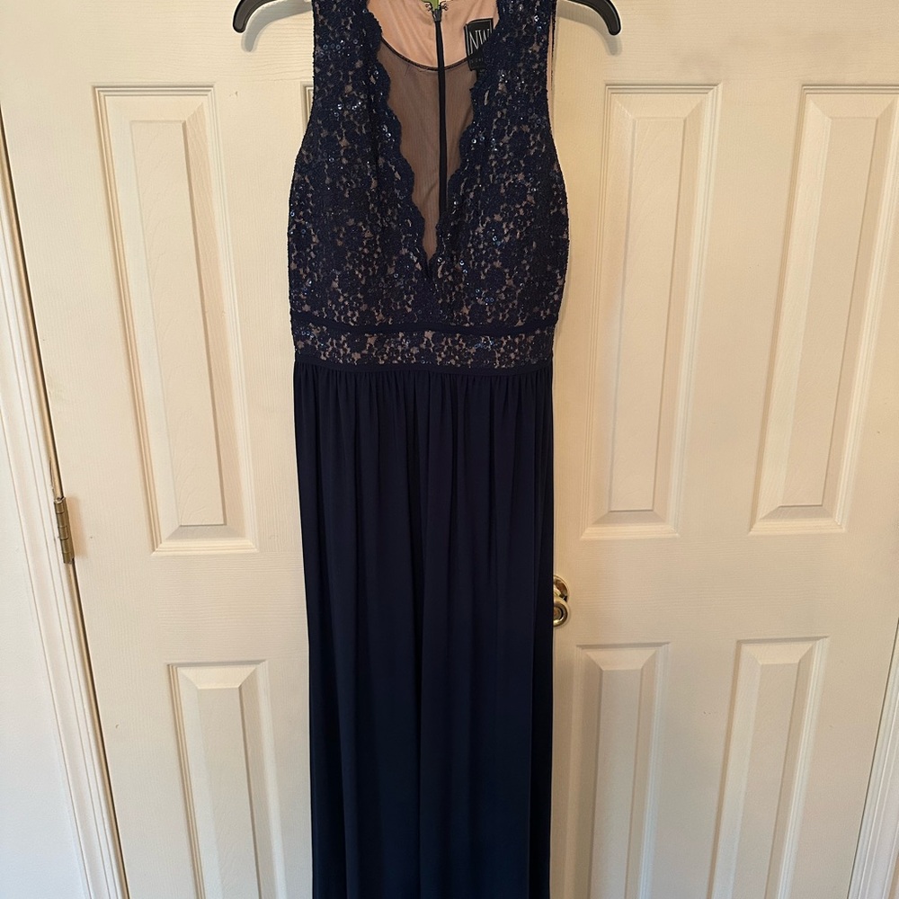 NW Nightway Navy Lace V-Neck Maxi Dress with Sheer Bodice